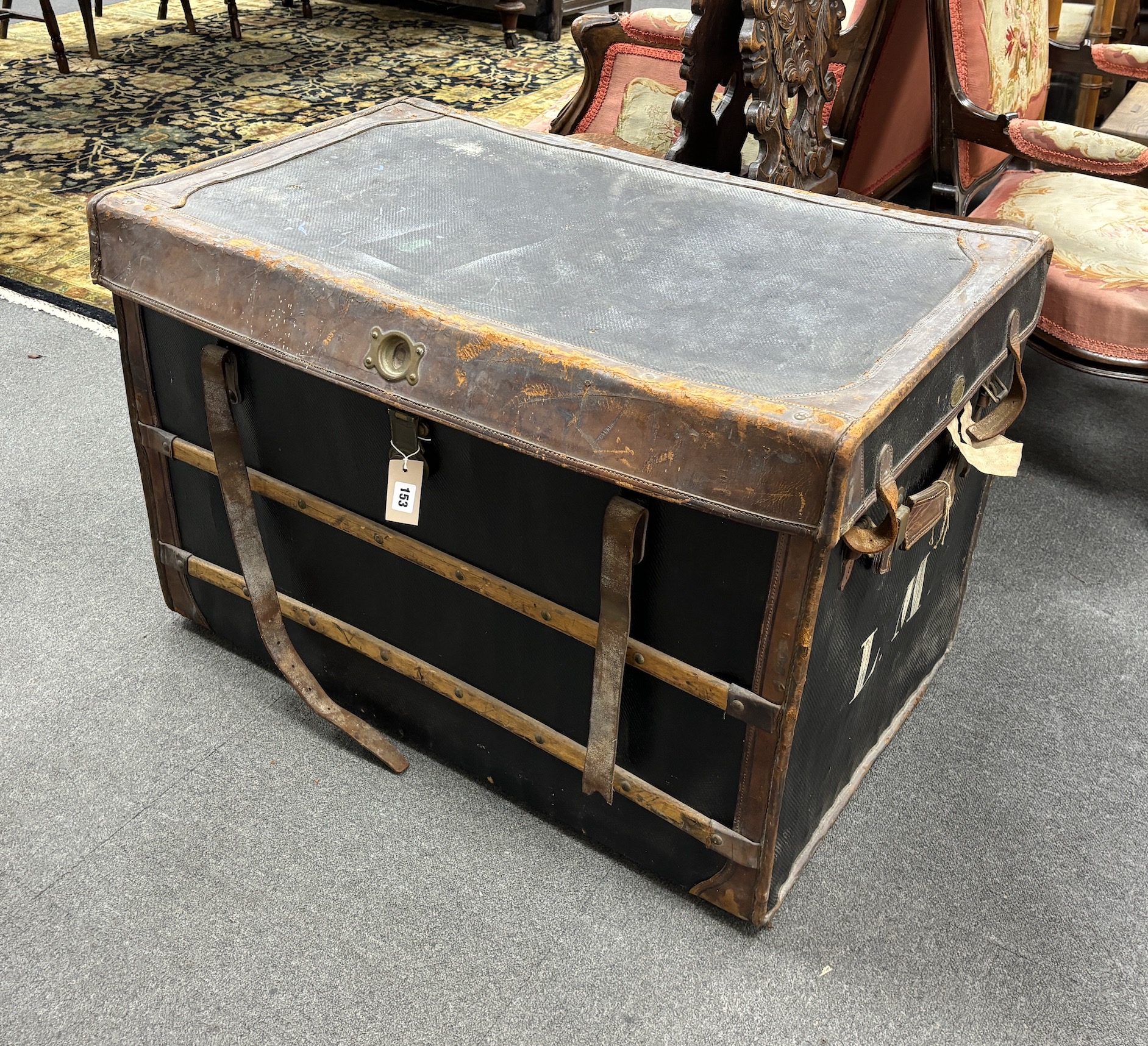 Bertin Freres, Paris, a late 19th century 'Au Depart' tan leather mounted and wood bound travelling trunk, width 93cm, depth 59cm, height 62cm